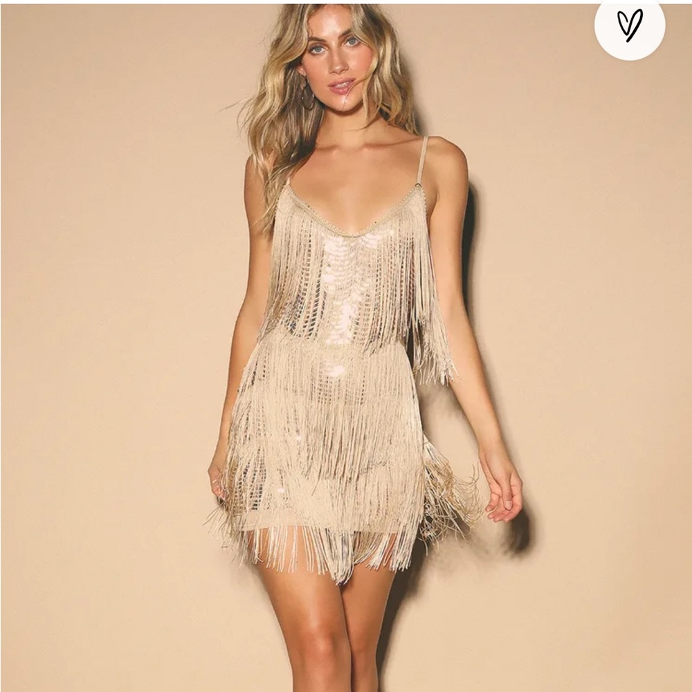 Get in the Groove Champagne Sequin Fringe Bodycon Dress - Lulu’s - Small